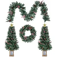 Costway , juego de 2 árboles de Navidad artificiales en maceta, 120 cm, mini abetos con guirnalda navideña, corona navideña, piñas, bayas y estrellas, color verde