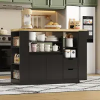 Ropilly Isla de cocina con superficie extensible, de 115x50x92 cm, fabricada en MDF con acabado negro y natural, y con espacio de almacenamiento para la cocina, el comedor y la barra