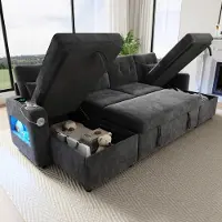 Merax Sofá modular de esquina con función de cama, tipo sofá en L con espacio de almacenamiento, doble chaise longue, portavasos e iluminación LED/USB, sofá cama, color gris