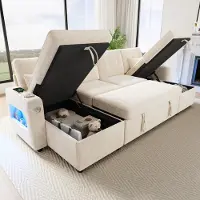 Merax Sofá modular de esquina con función de cama, tipo sofá en forma de L con espacio de almacenamiento, doble chaise longue, portavasos e iluminación LED/USB, sofá cama, color beige