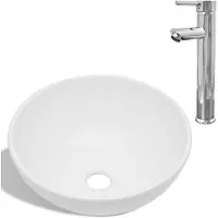 Syfax Lavabo de baño con grifo mezclador cerámica redondo blanco