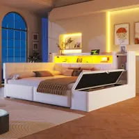 Flieks Sofá cama de 140x190 cm con elevador hidráulico, sofá cama doble con función de almacenamiento y revestimiento de cuero sintético, cama juvenil de terciopelo con estantes, color blanco