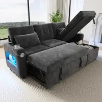 Merax Sofá modular de esquina con función de cama, sofá en forma de L con espacio de almacenamiento, chaise longue individual, portavasos, iluminación LED y USB, sofá cama, color gris