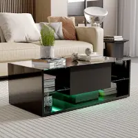 Fortuna Mesa de centro moderna Lai con iluminación LED – Mesa de salón de alto brillo con espacio de almacenamiento y estantes de vidrio – Negra, 100x50x35 cm