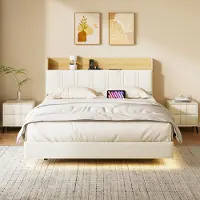 UnboxG Cama flotante de 140x190 cm con iluminación LED, cabecero con espacio de almacenamiento y estación de carga de la UE, tapizada en cuero sintético y con detalles en roble