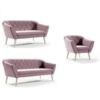 Sofello Conjunto de sofá rosa para sala de estar, compuesto por un sofá de 3 plazas, dos sillones de 1 plaza y un sillón individual, tapizado en terciopelo, con patas de madera de haya elevadas