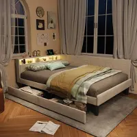 ProximaX : Cama tapizada de 140x200 cm con espacio de almacenamiento integrado (cajones) y suave revestimiento de terciopelo, ideal para dormitorios acogedores, color beige