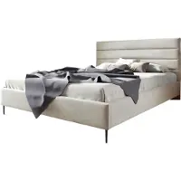 Sofello GUTTO: Cama tapizada en terciopelo color beige, tamaño 180 x 200 cm, con patas metálicas negras. Cama de terciopelo: Cama matrimonial con un hermoso acolchado y un diseño especial