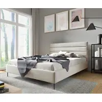 Sofello GUTTO: Cama tapizada en terciopelo color beige, 160 x 200 cm, con patas metálicas negras. Cama de terciopelo: Cama matrimonial con un hermoso acolchado y un diseño especial