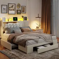 CDGlobal Cama tapizada de 140x200 cm con iluminación LED y somier, cama doble con somier y 3 cajones, cama con espacio de almacenamiento, tapizada en terciopelo, color beige