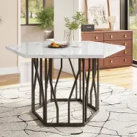 Sweiko Mesa de comedor hexagonal moderna de mármol, con estructura de metal en forma de ramas, diseño minimalista y estético, ideal para comedores y salones