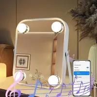 Zelurxx Espejo de maquillaje Bluetooth , con iluminación, espejo de cosmética con 4 luces LED, control táctil, giratorio 360°, 22 x 25 cm, espejo, blanco