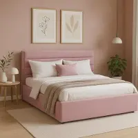 Sofello GUTTO: Cama tapizada en terciopelo rosa, tamaño 120 x 200 cm. Cama de matrimonio con estructura metálica negra y patas, tapizada en terciopelo, con un hermoso acolchado y una placa especial