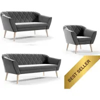 Sofello Juego de sofá gris para sala de estar, compuesto por un sofá de 3 plazas, dos sillones de 2 plazas y un sillón individual, tapizado en terciopelo y con patas de madera de haya
