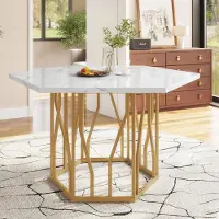 Sweiko Mesa de comedor hexagonal moderna de mármol, con estructura de metal en forma de ramas, mesa auxiliar de diseño sencillo y estético, ideal para comedores y salones, color dorado