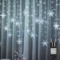 ROSNEK Guirnalda de luces LED con forma de copo de nieve, cortina de luces, impermeable, ideal para decoración navideña, fiestas en el jardín, color blanco