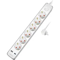 Logilink Cable de extensión de 6 enchufes + puertos USB-A/USB-C con carga rápida (PD) de 20W, interruptor, 1,4 metros, color blanco