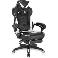 Happyment Silla de juego Premium – Con reposapiés – Regulable en altura – Silla de oficina ergonómica – Imitación de cuero – /Blanco