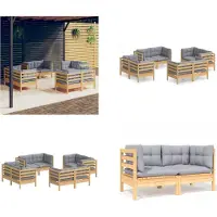 vidaXL Juego de jardín de 8 piezas con cojines grises y estructura de madera de pino - Juego de jardín tipo lounge - Juegos de jardín tipo lounge - Juego de lounge