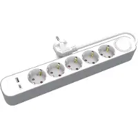 Plastrol Regulador de enchufes fijo con cinco tomas de corriente, interruptor y puertos USB A, USB C, de 5 metros, modelo SCHUKO PS-570SWS+USBA+USBC/5 E