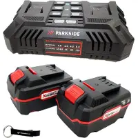 Parkside Cargador doble de 20 V, modelo PDSLG 20, incluye 2 baterías (4 Ah), un lápiz de carpintero y un abrelatas que se puede usar como llavero