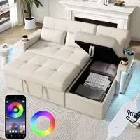 Merax Sofá de esquina en forma de L, de 3 plazas, con función de cama, iluminación LED y puertos USB, portavasos, tapizado en chenilla, ideal para usar como sofá cama, color beige