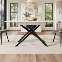 OKWISH Mesa extensible para comedor, mesa de cocina, patas de hierro negro en forma de cruz, superficie de mármol blanco, mesa auxiliar, ideal para cocina y salón, color blanco