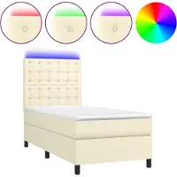 Syfax Cama box spring y colchón LED cuero sintético crema 90x200 cm
