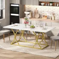 Flieks Mesa rectangular para comedor, ideal para 8-10 personas, con apariencia de mármol, dimensiones 200x80x76 cm, patas de metal doradas, color blanco