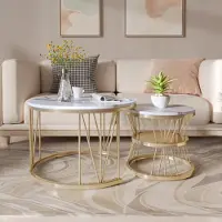 CDGlobal Conjunto de 2 mesas auxiliares modernas , diseño redondo, con estructura metálica impermeable y diseño de mármol, ideales para sala de estar, balcón u oficina