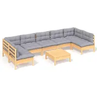 vidaXL Juego de jardín de 8 piezas con cojines grises, fabricado en madera maciza de pino