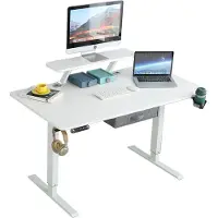 Hilodesk Escritorio eléctrico de 140 cm con altura ajustable, para oficina en casa, con soporte para monitor y cajón, Blanco
