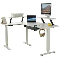 Hilodesk Escritorio eléctrico ajustable en altura en forma de L,escritorio de oficina en ángulo con soporte para monitor y cajón,160cm,blanco