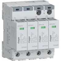 Hager , supresor de sobretensiones, 4 polos, modelo SPE440S, categoría T2, sistema TNS, tensión nominal Uc de 275V, corriente nominal In de 20kA, corriente máxima Imax de 40kA