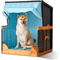 Relaxdays Cesta para perros de , de ratán, con cuenco, sillón para perros con toldo, dimensiones: 95x75x65 cm, ideal para jardín y terraza, de madera, color azul claro