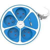 Roline , regleta de enchufes múltiple (4 enchufes) con interruptor, diseño redondo, versión UTE, cargador USB tipo A y C, color azul, 1,5 metros