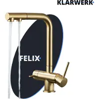 KLARWERK Felix | Batería extractable de tres vías, acabado dorado mate premium | Grifo de cocina para gastronomía con sistema de ósmosis, fabricado en acero inoxidable | Mezclador de 360 grados | Filtro