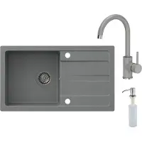 VBChome Lavabo con grifo, 77 x 44 cm, gris. Lavabo de un solo seno, encimera, superficie antideslizante, diseño moteado, reversible, de granito. Incluye: sifón, dispensador de detergente y grifo