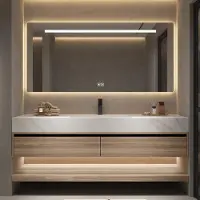 360Home Conjunto de lavabo de sinterizado blanco, encimera con efecto madera, mueble bajo y espejo [RW3256-120 K]