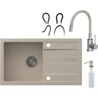 VBChome Lavabo con grifo, 77 x 44 cm, color beige. Fregadero individual encastrado, superficie antideslizante, reversible, de granito. Incluye: sifón, dispensador de detergente y grifo