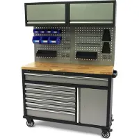OEM banco de trabajo móvil 136 cm con 7 cajones, puerta y pared con armarios, accesorios incluidos, gris