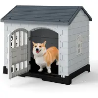 Costway - Caseta para perros de 75x57x68 cm, apta para exteriores, resistente a la intemperie, con puerta, 3 ventanas, suelo extraíble y techo a dos aguas. Jaula para perros de interior, color gris