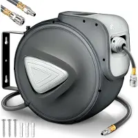 Tresko Carrete de Manguera de Aire Comprimido de 15 m | Conector de 1/4" | Enrollador de Manguera Automático | con Soporte para Pared | Rotación de 180° | Tope Final Ajustable