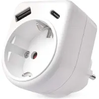 Emos Adaptador de enchufe Schuko con puertos USB, 1 enchufe con conexión USB A y C, máximo 3A/15W, IP20 para uso interior, 3680W, blanco, P0075