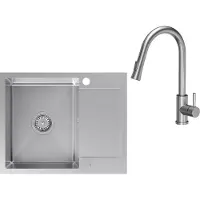 VBChome Fregadero de acero inoxidable con grifo, 60 x 48 cm. Fregadero de acero inoxidable cepillado, encimera, con dos orificios. Gran capacidad, fregadero de cocina con zona de escurrimiento y sifón