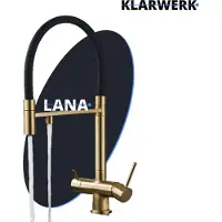 KLARWERK Lana | Grifo dorado y extensible de 3 vías | Grifo de acero inoxidable para osmosis, cocina. | Mezclador con giro de 360 grados | Filtro con 3 conexiones