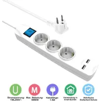 Transmedia NV56: Barra de enchufes de 3 tomas con conector multipropósito, con 2 puertos de carga USB y una toma de corriente con conexión a tierra. Longitud del cable: 1,5 metros