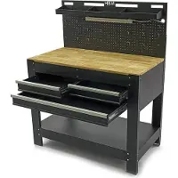 HBM banco de trabajo 115 cm con 3 cajones, encimera de madera y panel trasero, negro