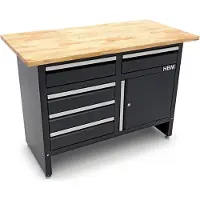 HBM banco de trabajo 120 cm con 5 cajones y puerta, encimera de madera maciza, negro