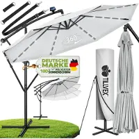Tillvex 300 cm Sombrilla Excentrico Beige con 32 Luces LED Solar | Parasol para Terraza Jardín Balcón Patio | con Manivela y Base en Cruz, Giratorio 360º, Protección UV